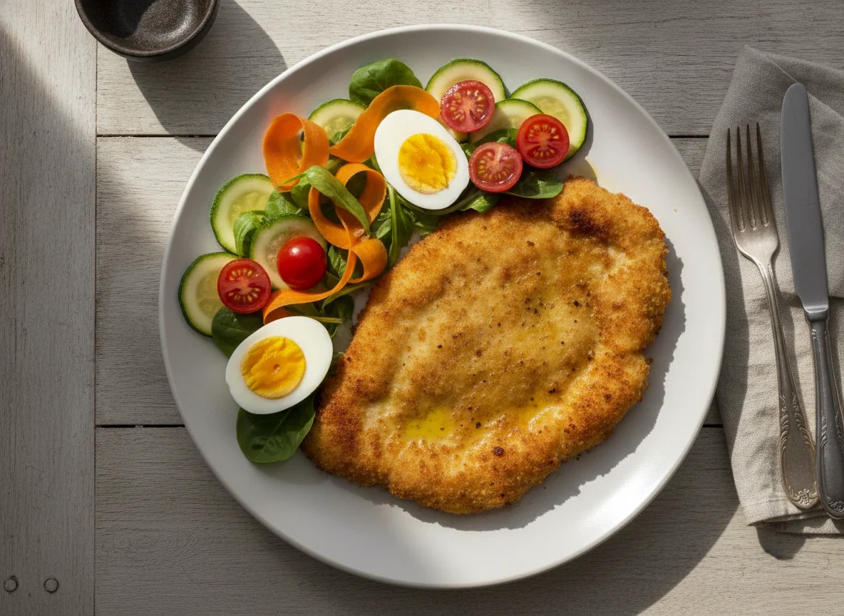 Milanesa de pollo al horno con ensalada y huevo photo