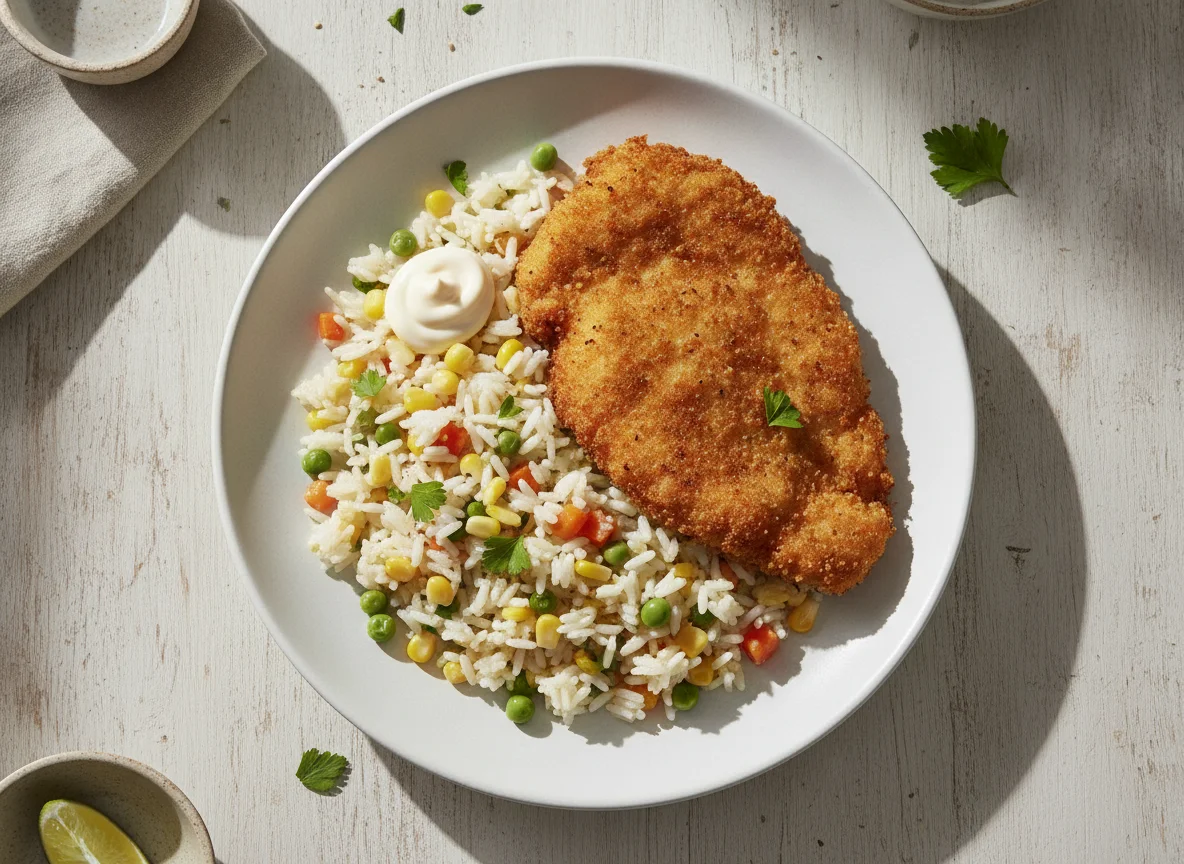 Milanesa de pollo con arroz a la jardinera photo