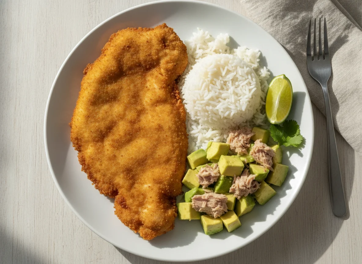 Milanesa de pollo con arroz, atún y aguacate photo