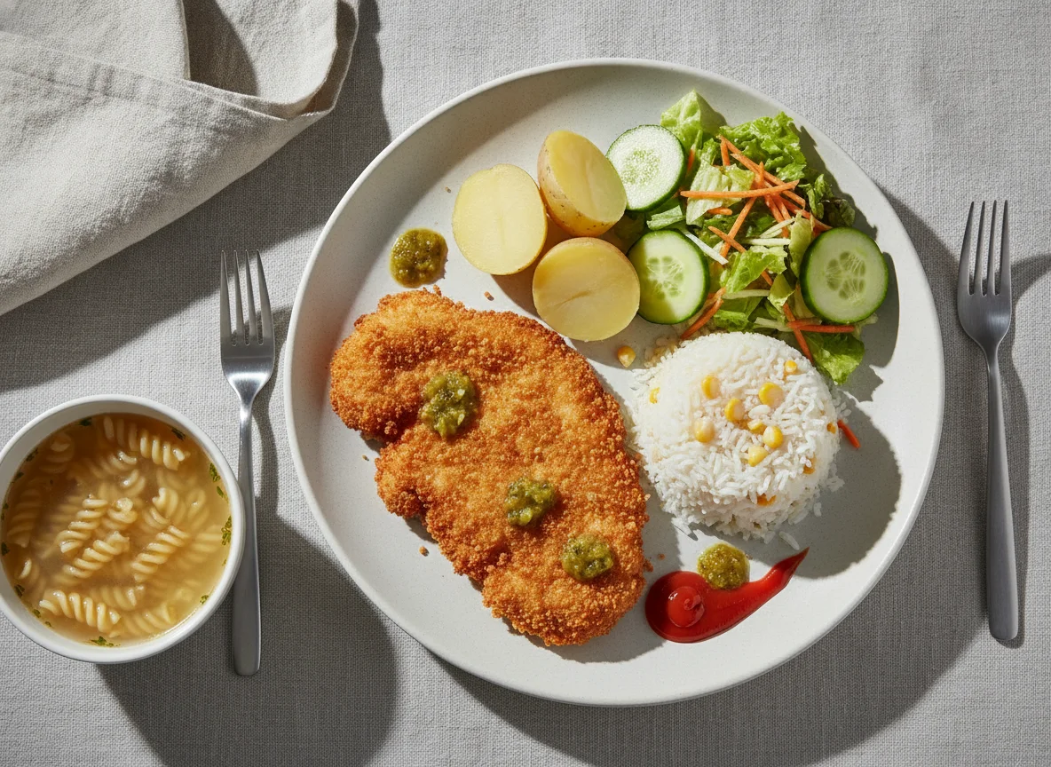 Milanesa de pollo con arroz, ensalada y sopa photo