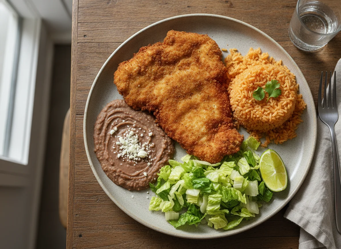 Milanesa de pollo con arroz, frijoles y lechuga photo