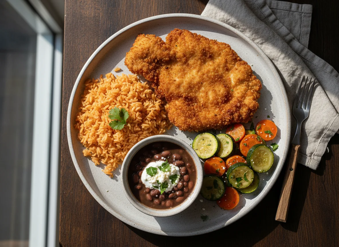 Milanesa de pollo con arroz, frijoles y verduras photo
