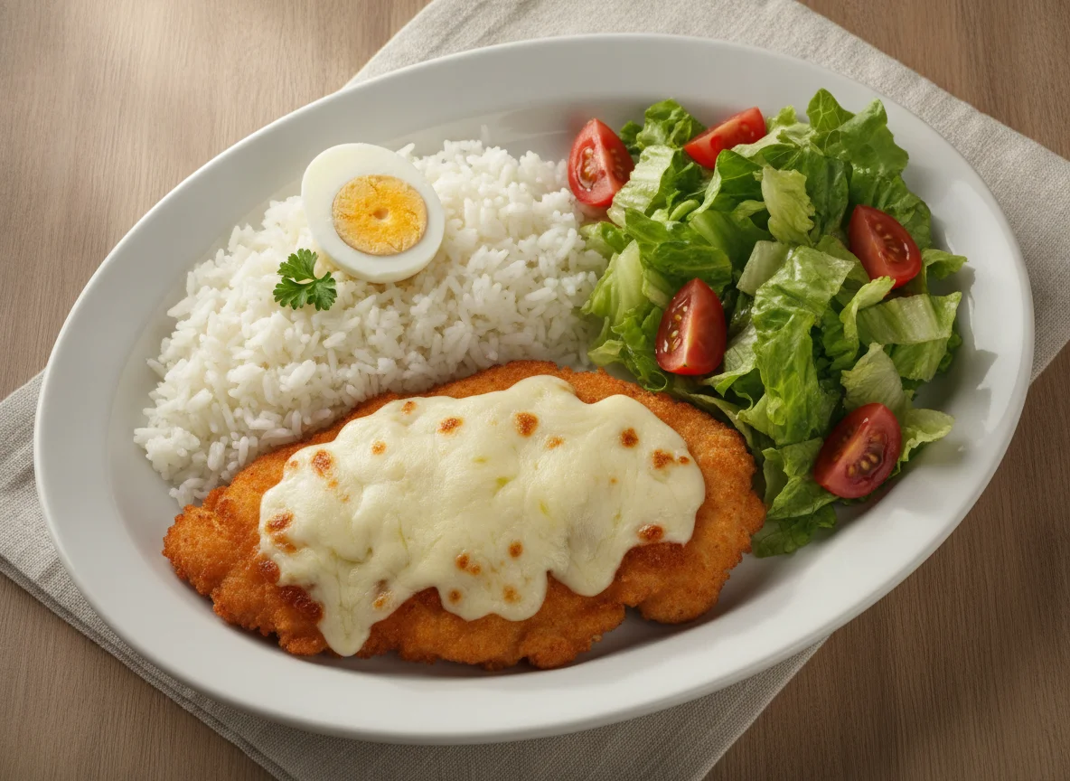 Milanesa de pollo con arroz, huevo y ensalada photo