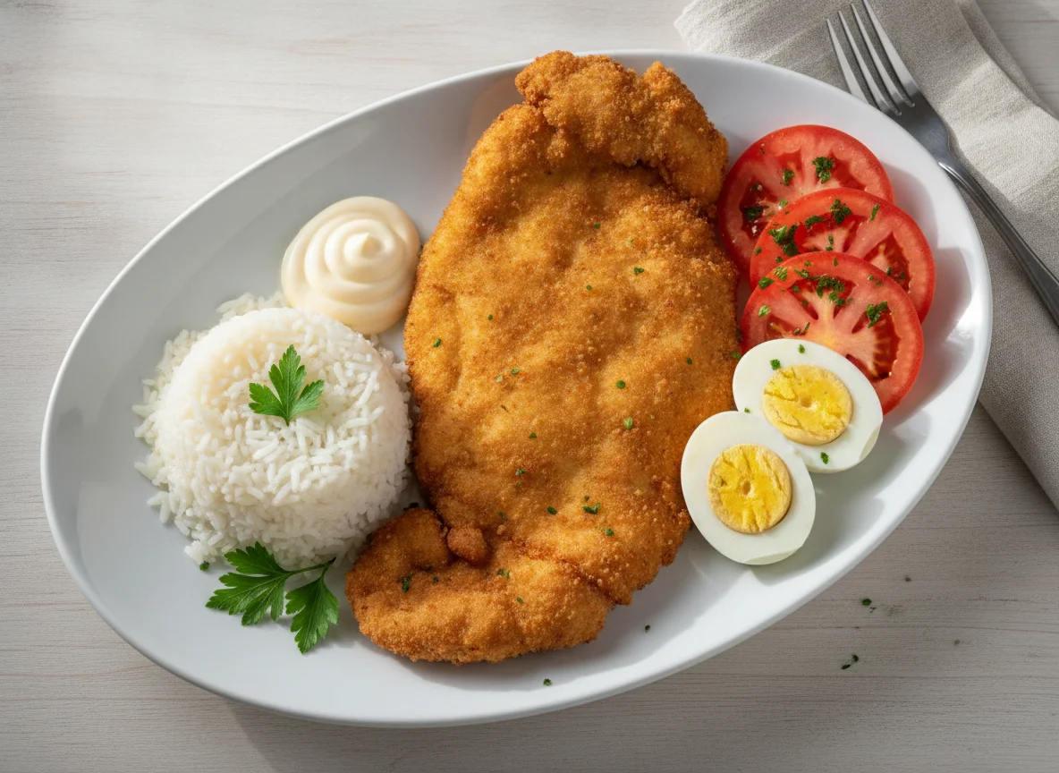 Milanesa de pollo con arroz, huevo y tomate photo