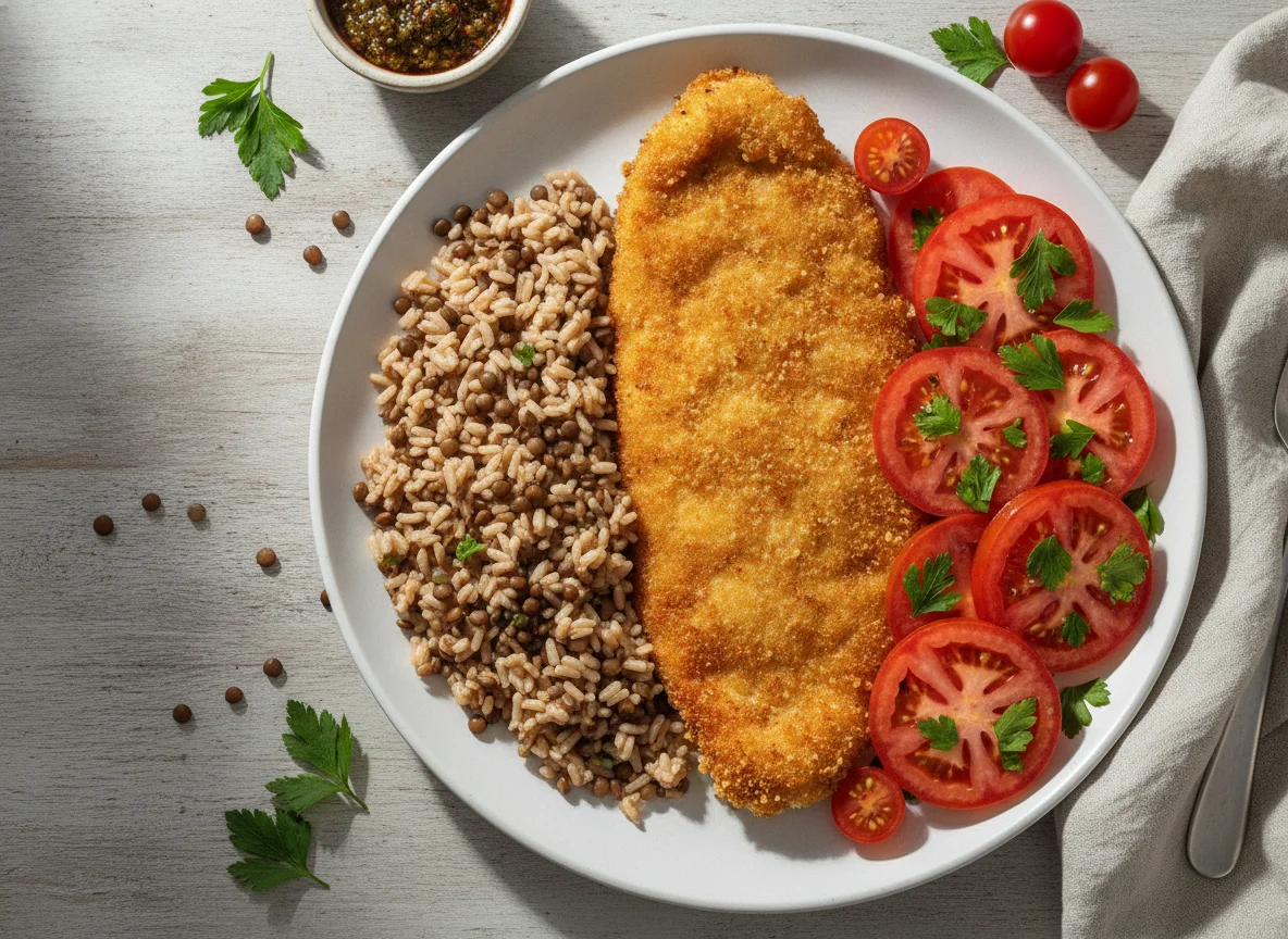 Milanesa de pollo con arroz integral y ensalada de tomate photo