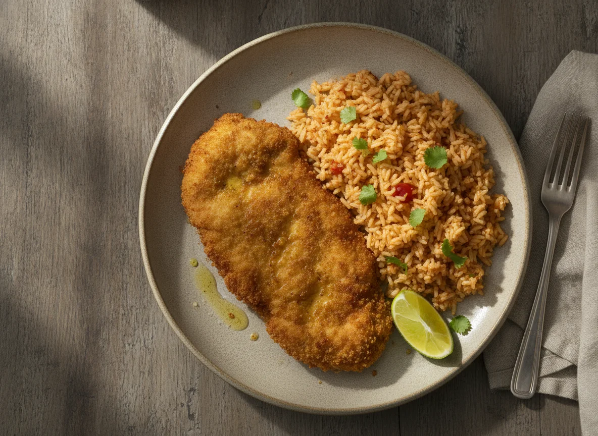 Milanesa de pollo con arroz rojo photo