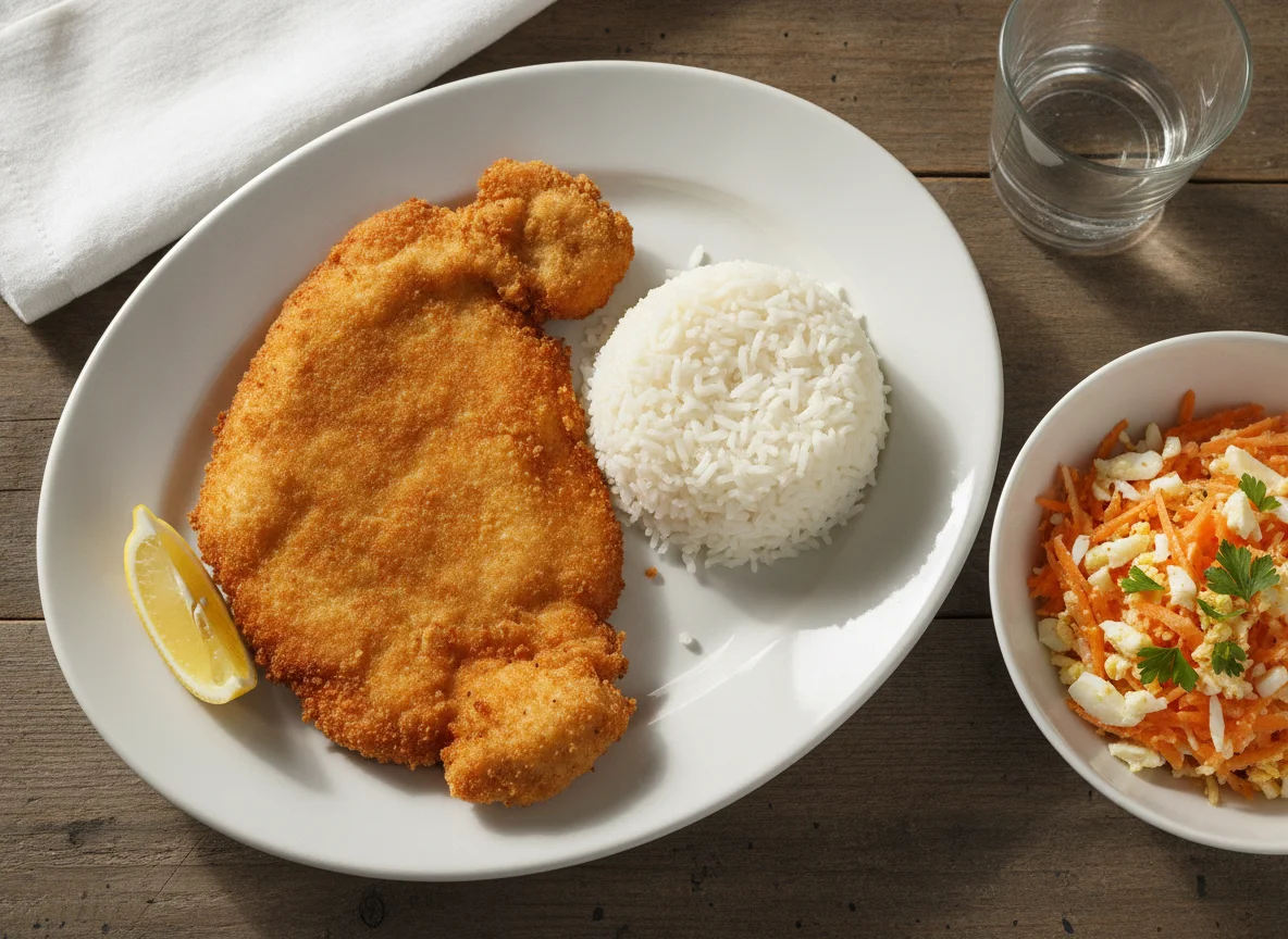 Milanesa de pollo con arroz y ensalada de zanahoria y huevo photo