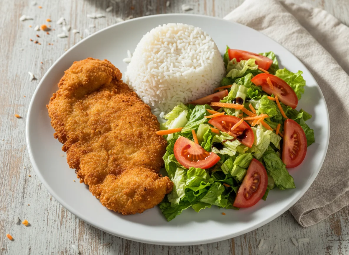 Milanesa de pollo con arroz y ensalada photo