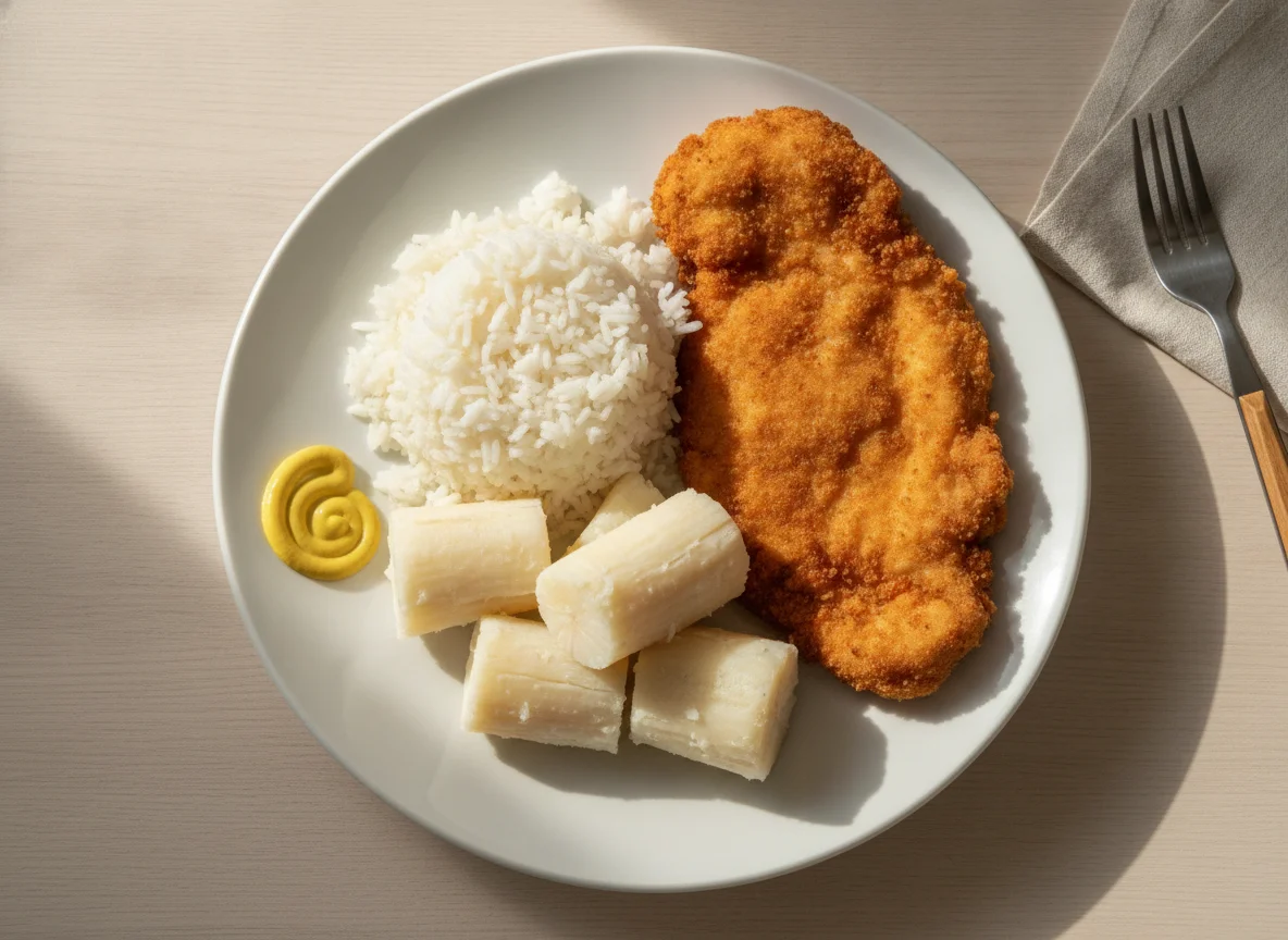 Milanesa de pollo con arroz y mandioca photo