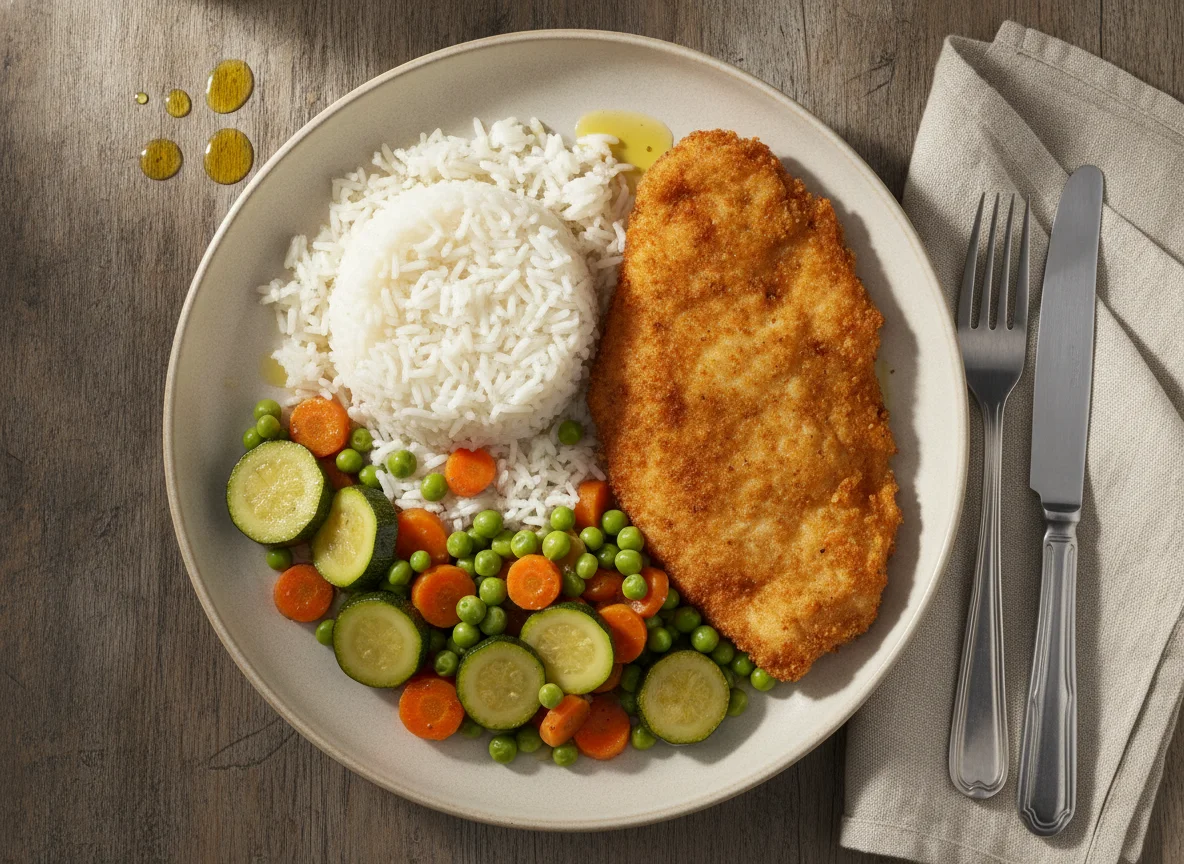 Milanesa de pollo con arroz y vegetales photo