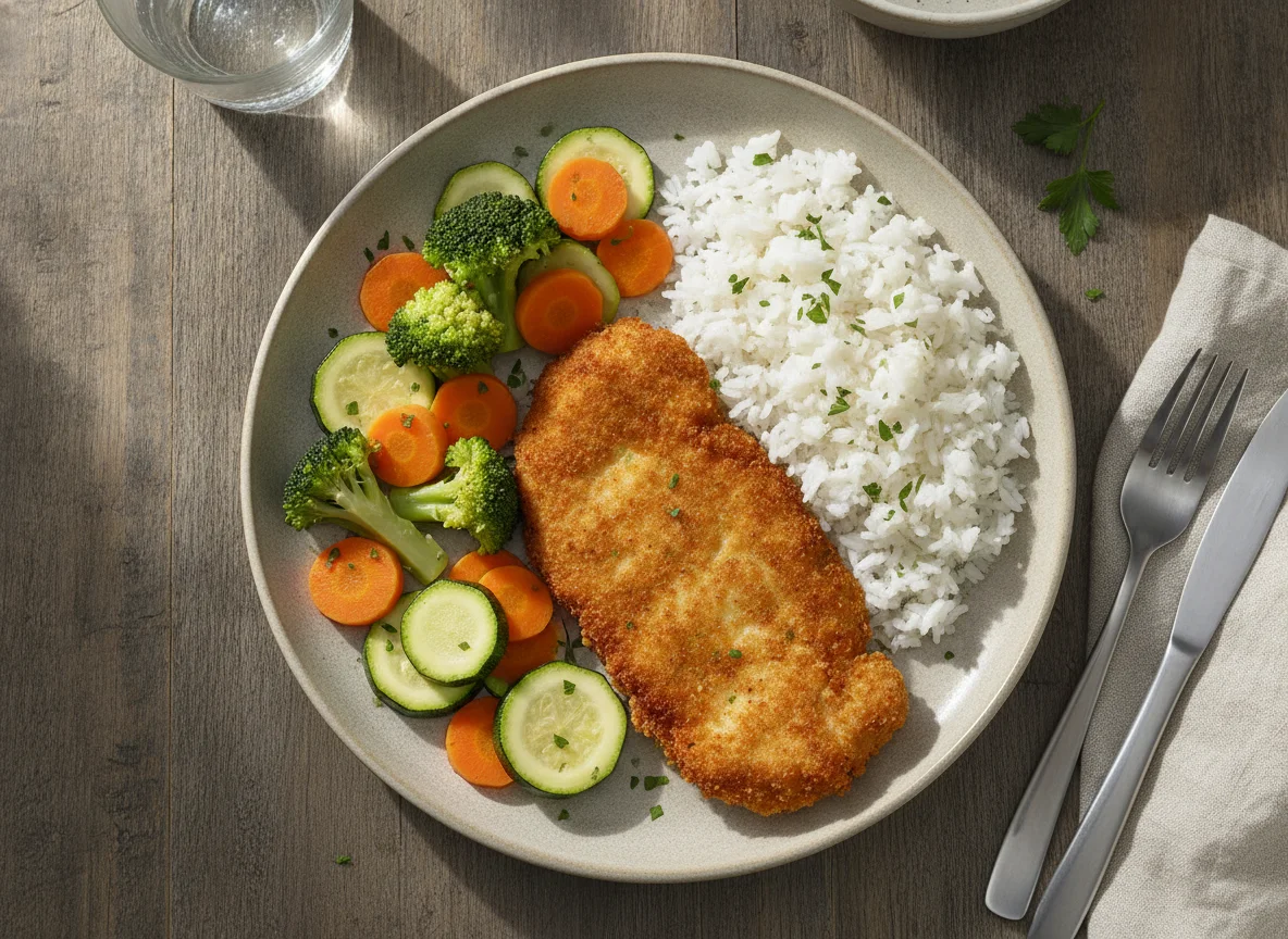 Milanesa de pollo con arroz y verduras al vapor photo