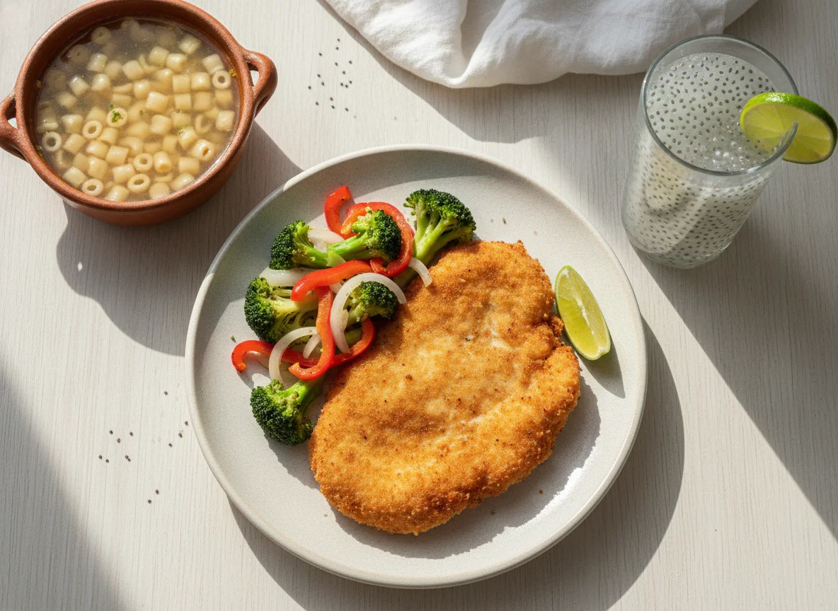 Milanesa de pollo con brócoli, sopa de pasta y agua de chía photo