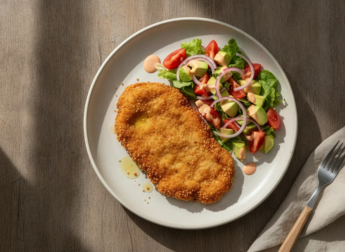 Milanesa de pollo con ensalada de aguacate y tomate photo