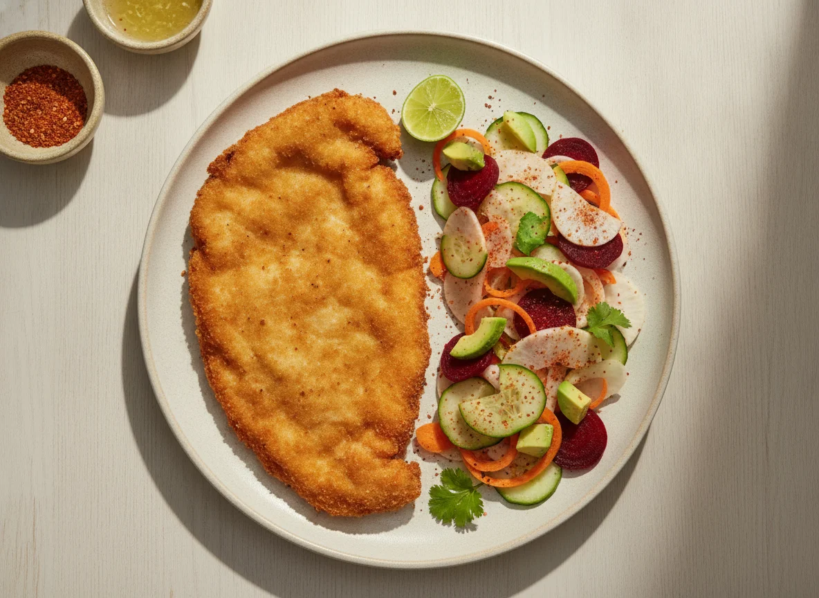 Milanesa de pollo con ensalada de jícama y betabel photo