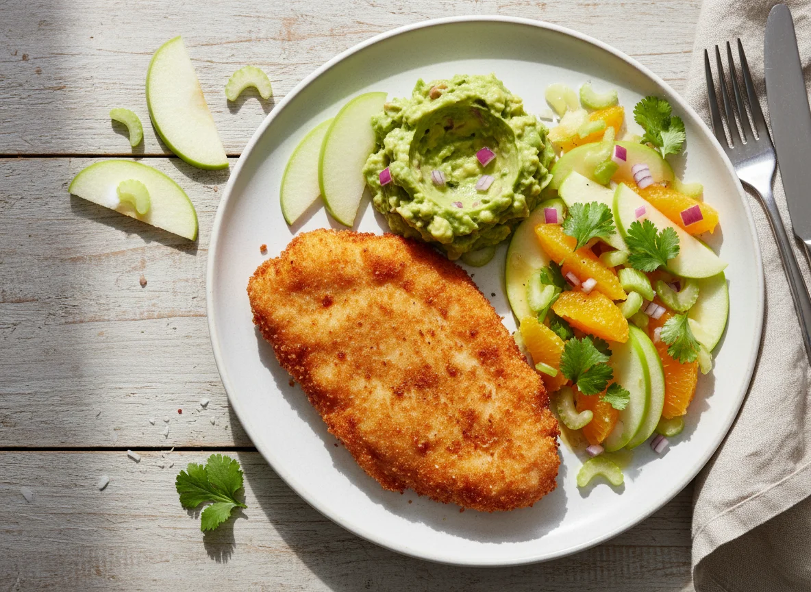 Milanesa de pollo con ensalada de manzana y naranja photo