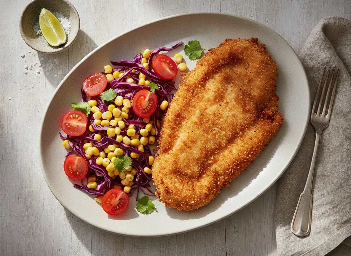 Milanesa de pollo con ensalada de repollo morado, tomate y maíz photo