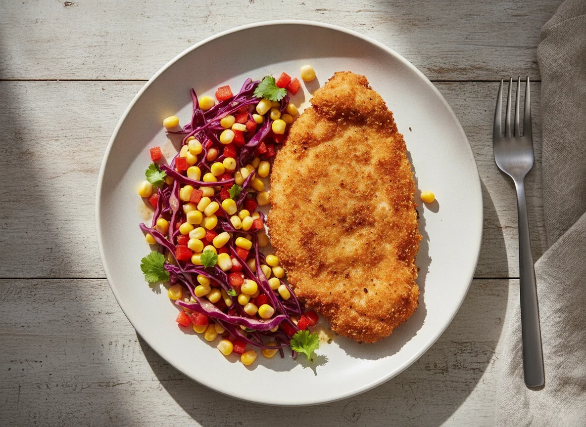 Milanesa de pollo con ensalada de repollo morado y maíz photo