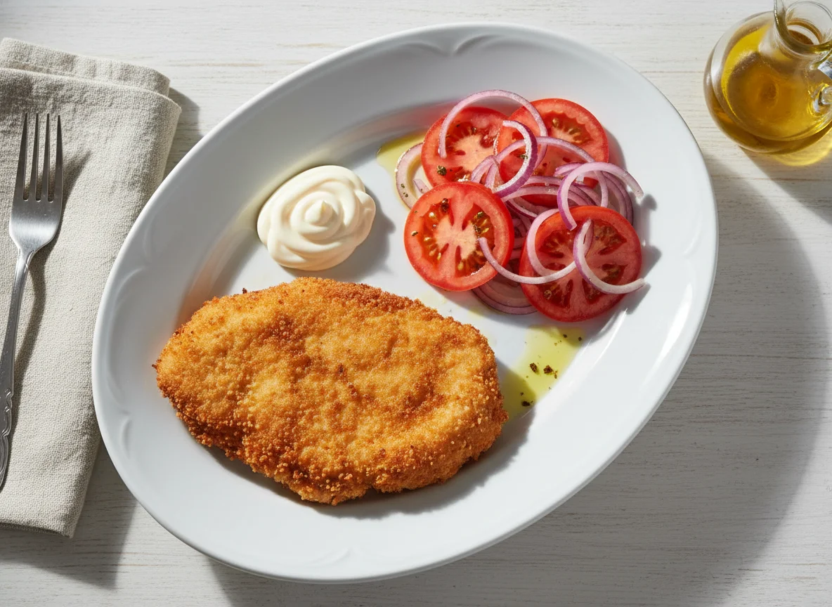 Milanesa de pollo con ensalada de tomate y cebolla photo
