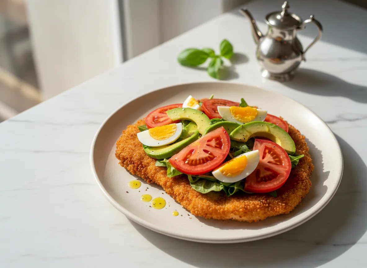 Milanesa de pollo con ensalada de tomate y palta photo