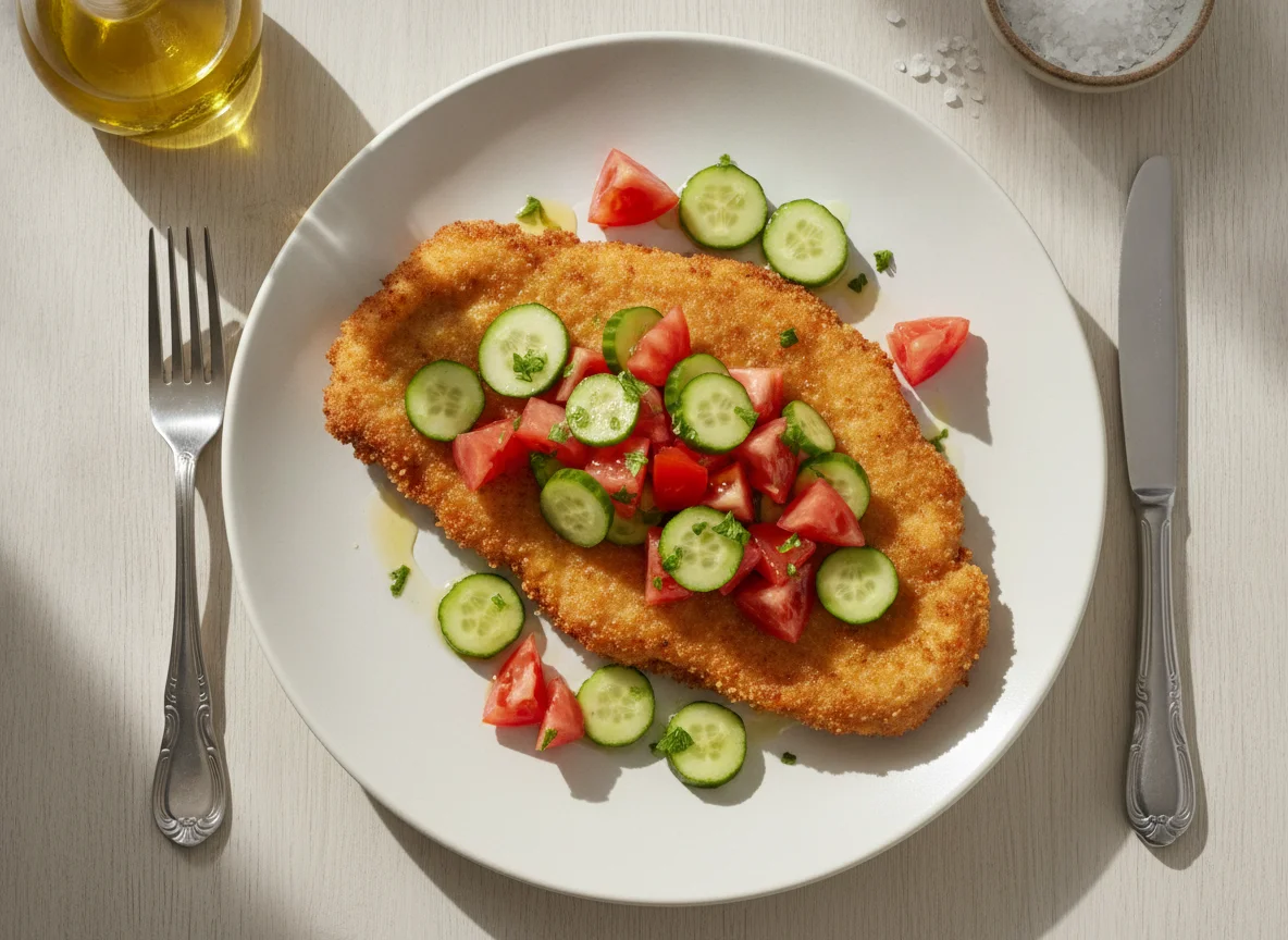 Milanesa de pollo con ensalada de tomate y pepino photo