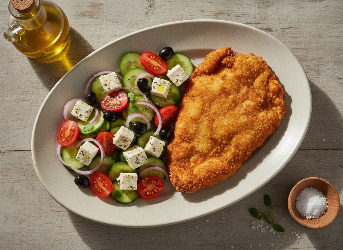 Milanesa de pollo con ensalada griega photo