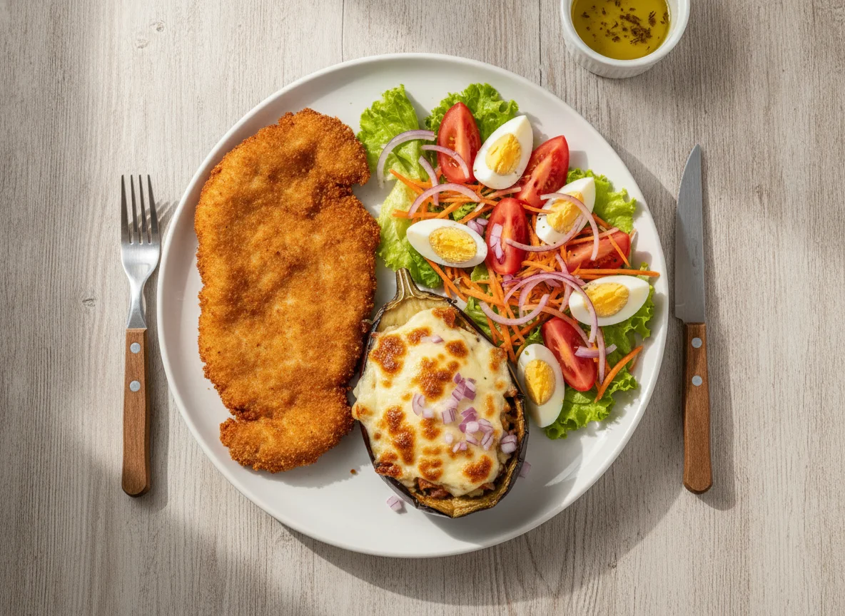Milanesa de pollo con ensalada mixta y berenjena rellena photo