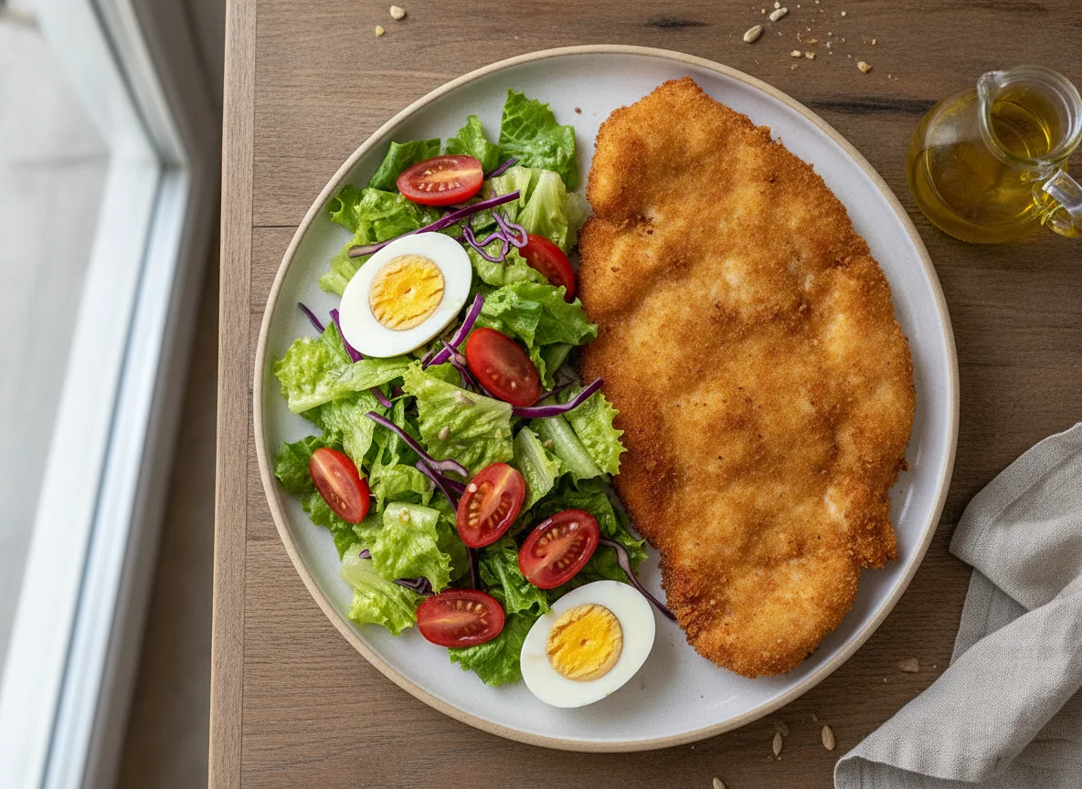 Milanesa de pollo con ensalada mixta y huevo photo