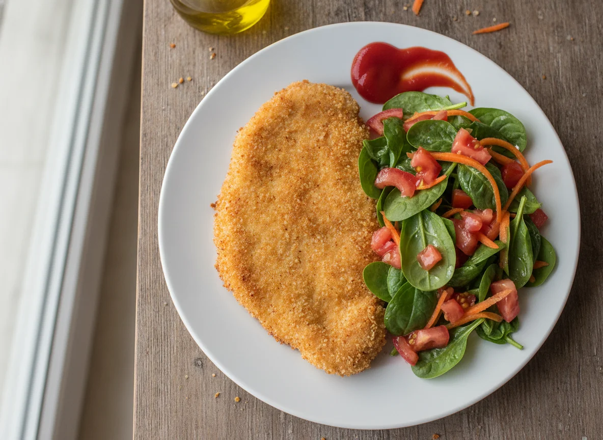 Milanesa de pollo con ensalada mixta y ketchup photo