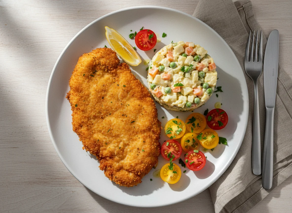 Milanesa de pollo con ensalada rusa y tomates photo