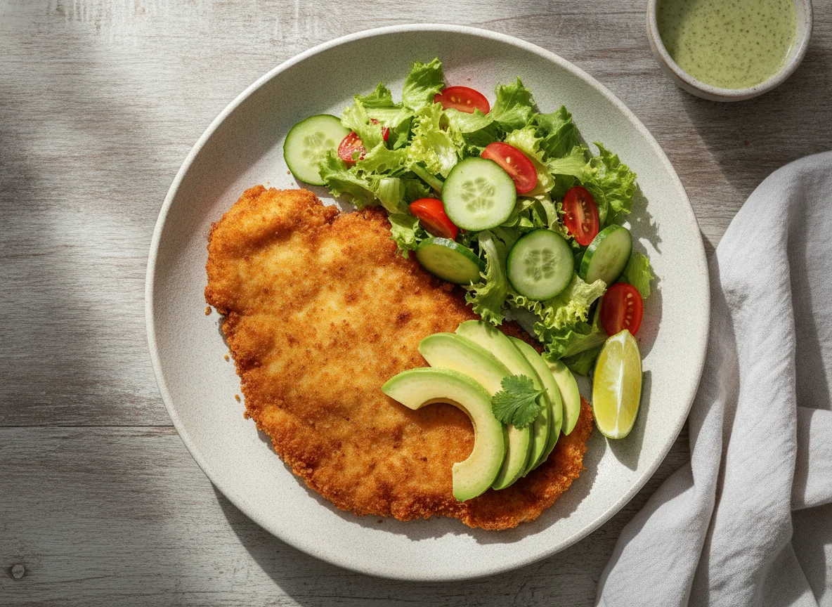 Milanesa de pollo con ensalada y aguacate photo