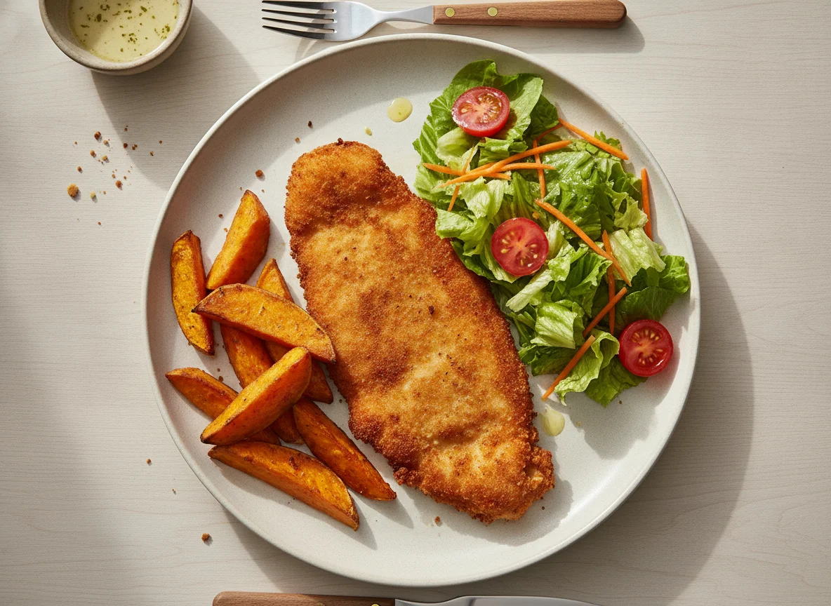 Milanesa de pollo con ensalada y batata photo