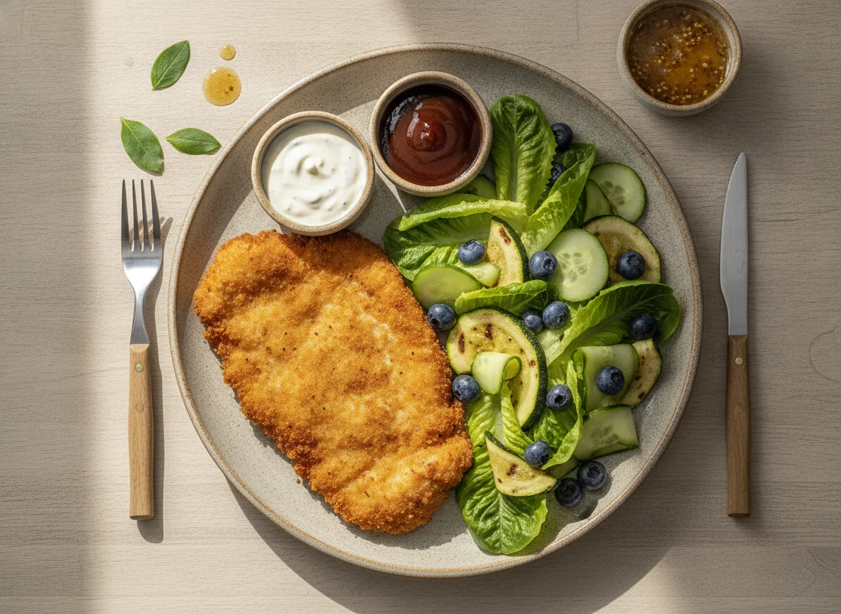 Milanesa de pollo con ensalada y calabacitas photo