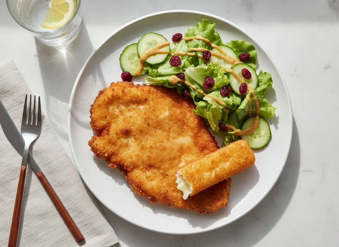 Milanesa de pollo con ensalada y dedo de queso photo