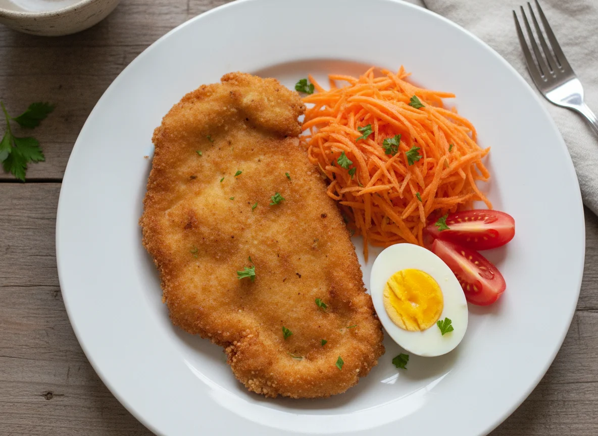 Milanesa de pollo con ensalada y huevo photo