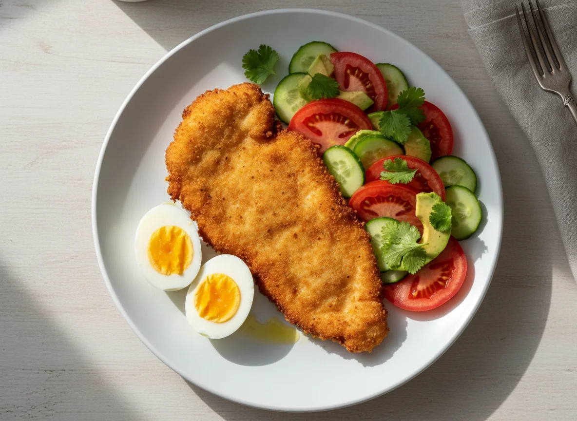 Milanesa de pollo con ensalada y huevos duros photo