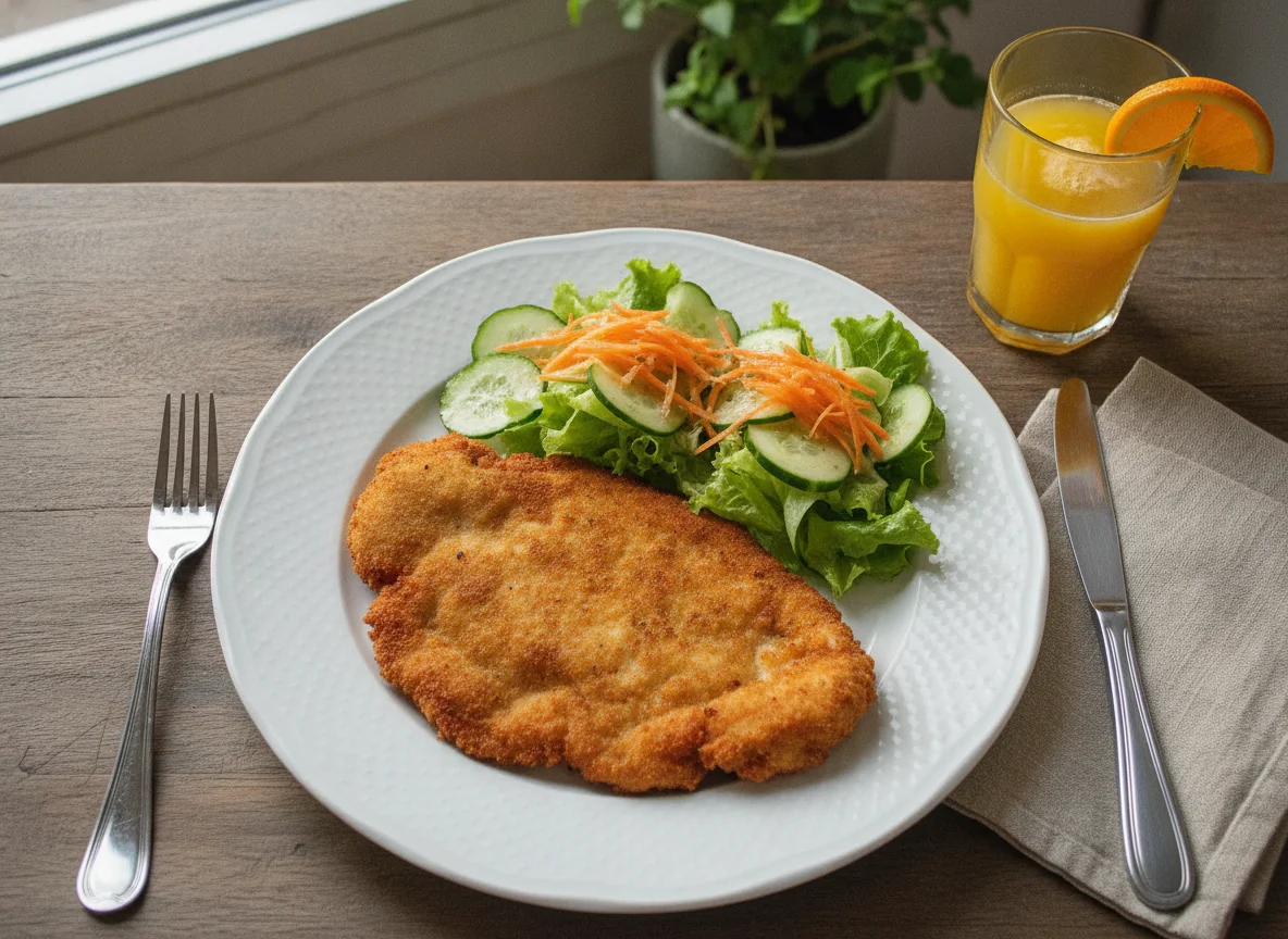 Milanesa de pollo con ensalada y jugo de naranja photo