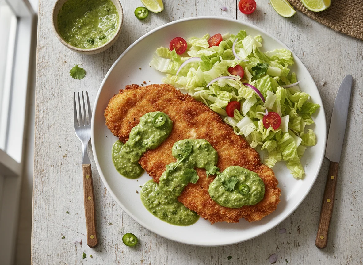 Milanesa de pollo con ensalada y salsa verde photo