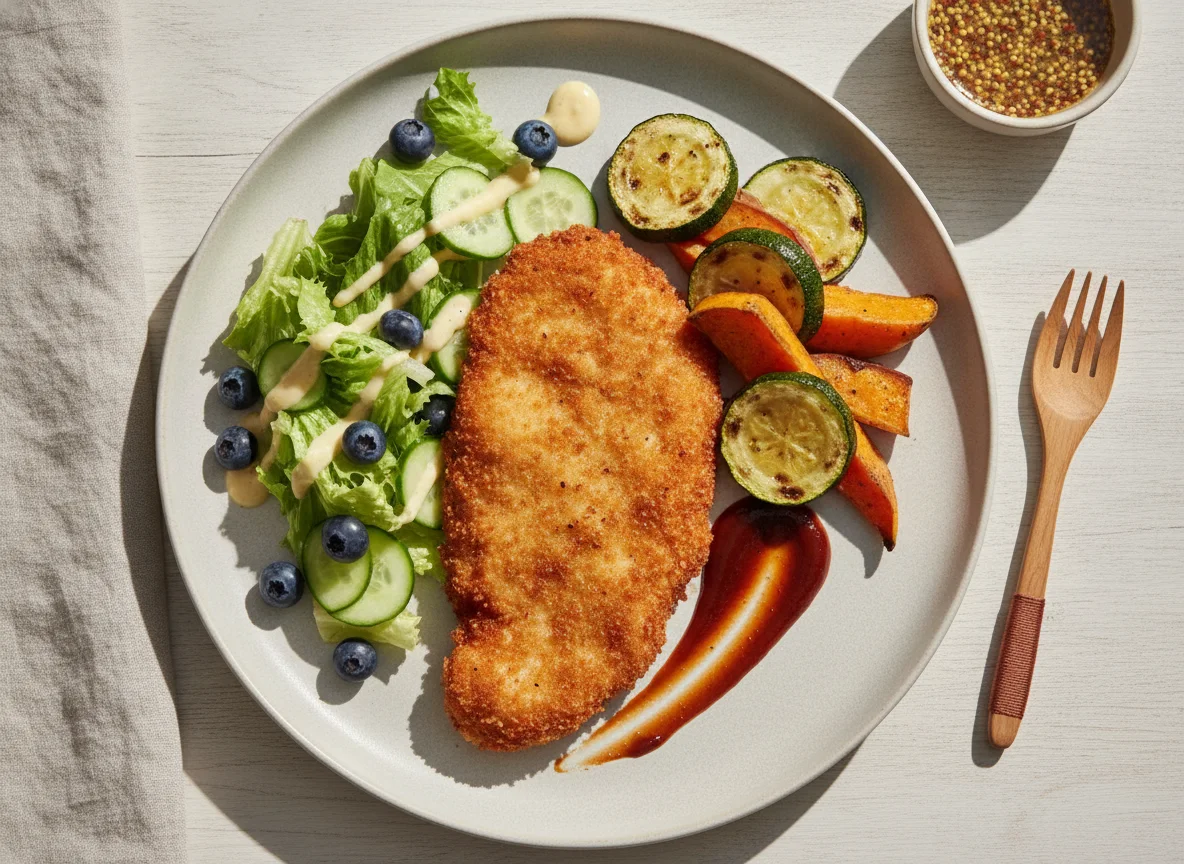 Milanesa de pollo con ensalada y verduras asadas photo