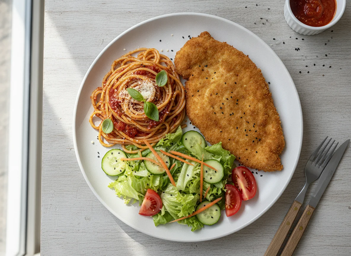 Milanesa de pollo con espagueti y ensalada photo