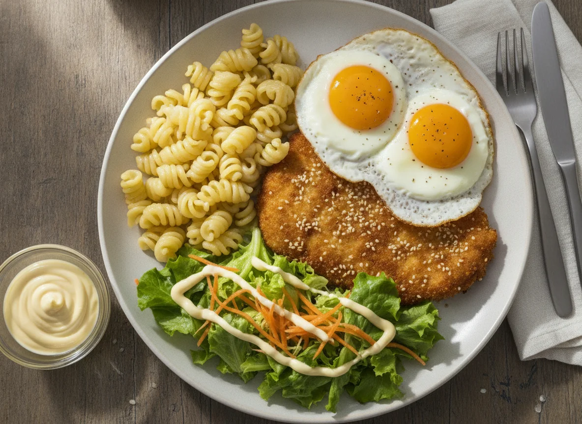 Milanesa de pollo con fideos, huevos fritos y ensalada mixta photo