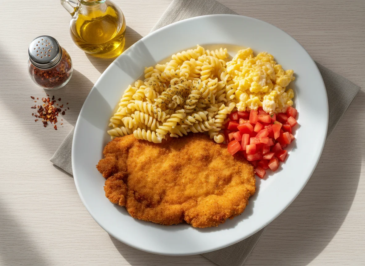 Milanesa de pollo con fideos, huevos revueltos y tomate photo