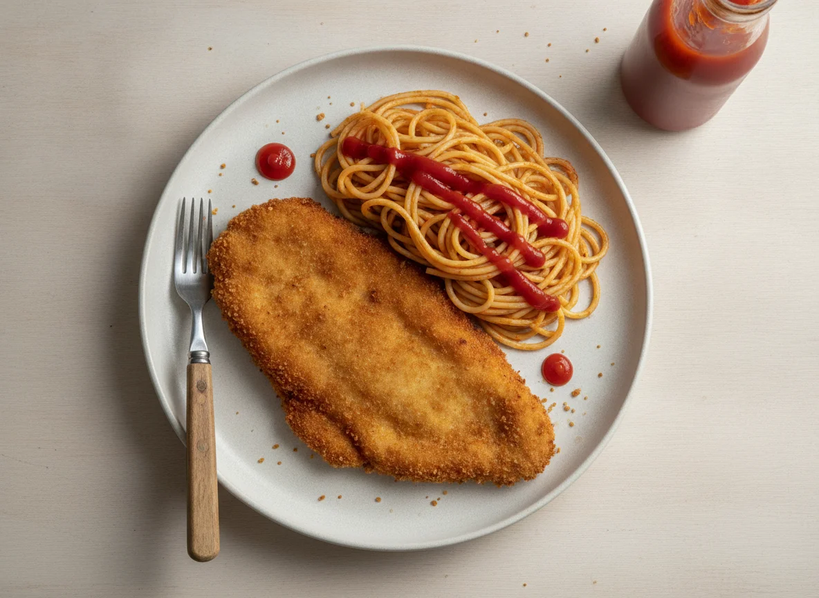 Milanesa de pollo con fideos y ketchup photo