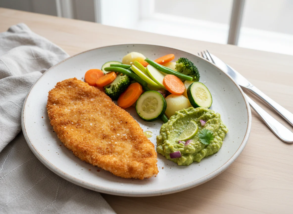 Milanesa de pollo con guacamole y vegetales al vapor photo