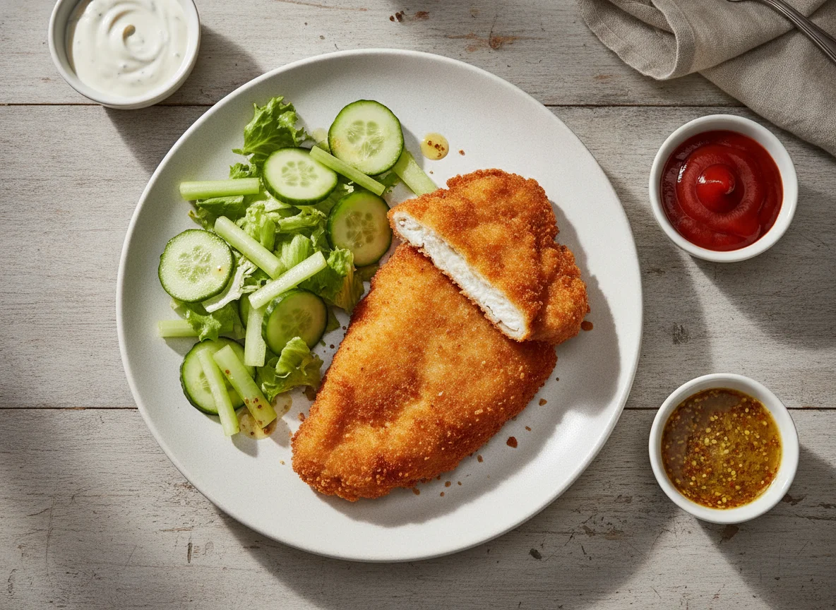 Milanesa de pollo con guarnición de pepino y apio photo