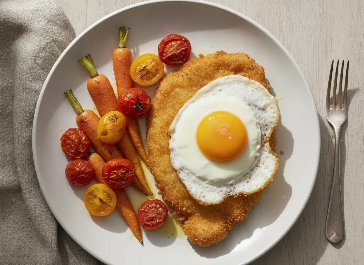 Milanesa de pollo con huevo frito, zanahorias asadas y tomates cherry photo