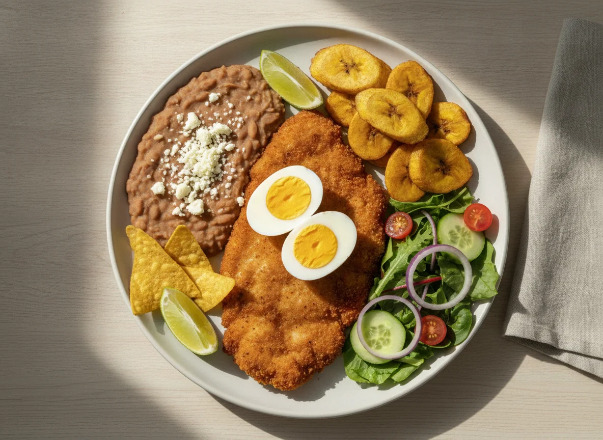 Milanesa de pollo con huevos cocidos y frijoles photo