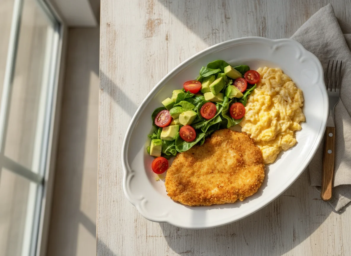 Milanesa de pollo con huevos revueltos y ensalada de palta y tomate photo
