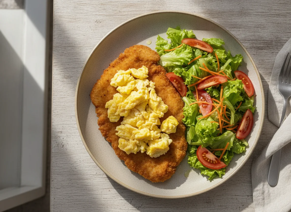 Milanesa de pollo con huevos revueltos y ensalada mixta photo