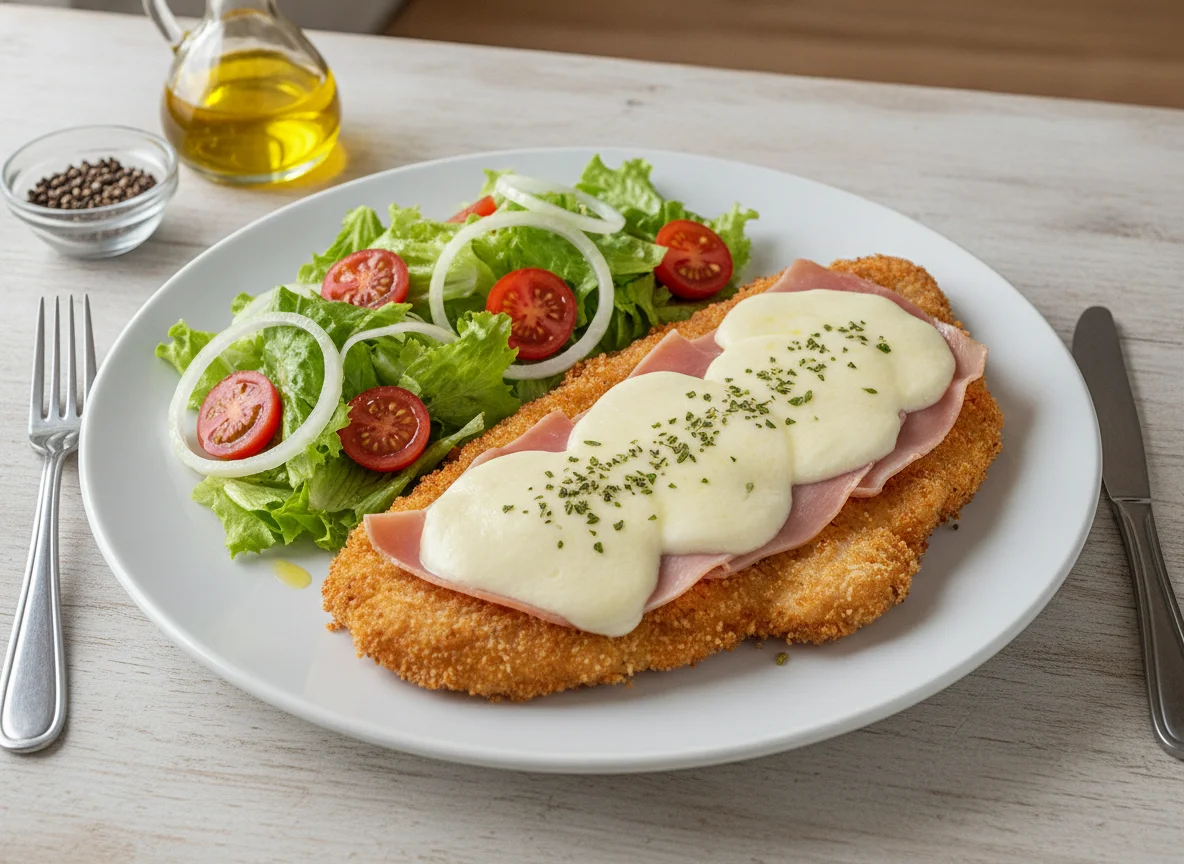 Milanesa de pollo con jamón, queso y ensalada mixta photo