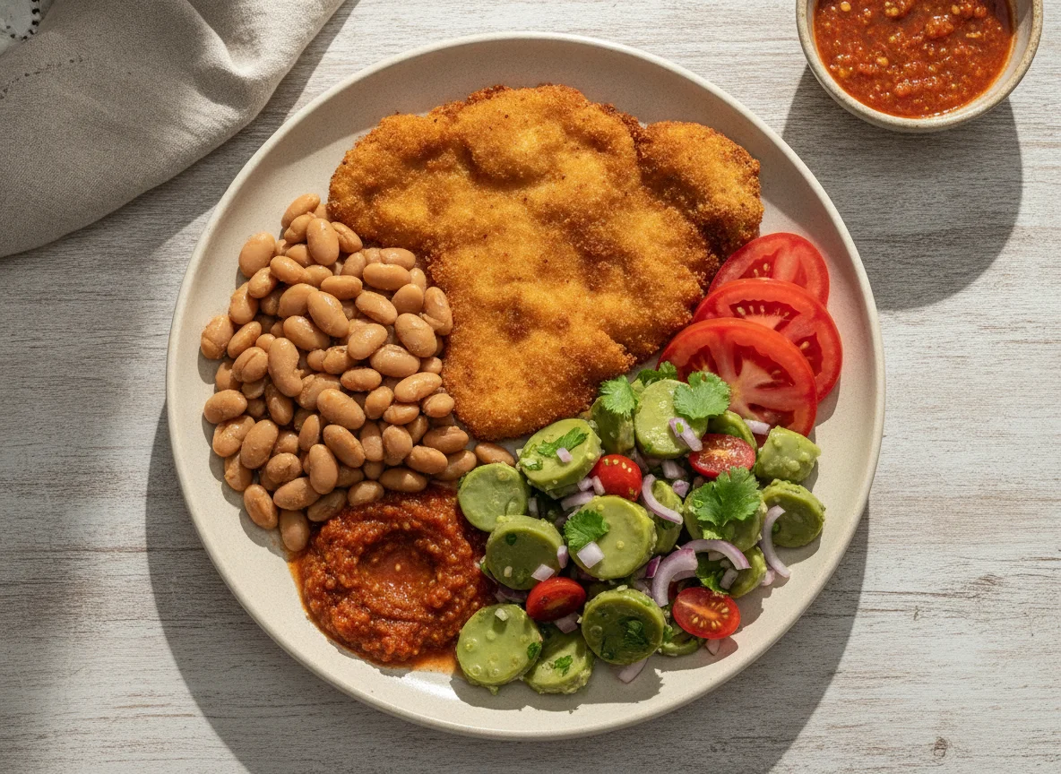 Milanesa de pollo con nopales, frijoles y salsa photo